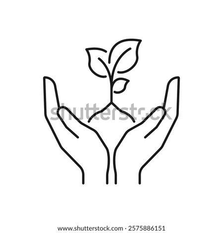 Hands holding soil with plant flat line icon. Vector thin sign of environment protection, ecology concept logo. Agriculture illustration.