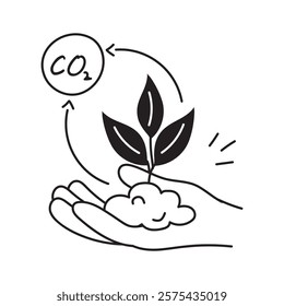 Hands holding soil and plant, indicating carbon dioxide reduction