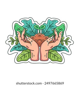 Hands holding soil and plant seeds illustration. Reforestation design concept, forest greening, tree planting. Good for nature care stickers