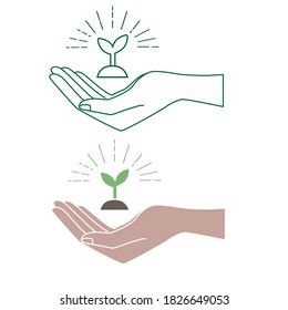 Hands holding soil with plant. Vector  icon of environment protection, ecology concept logo. 