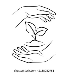 Hands Holding Soil With Plant. Vector Sign Of Environment Protection, Ecology Concept Symbol. Agriculture Illustration Lineart Icon.