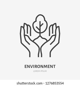 Hands holding soil with tree flat line icon. Vector thin sign of environment protection, ecology concept logo. Landscaping illustration, plant growing emblem.