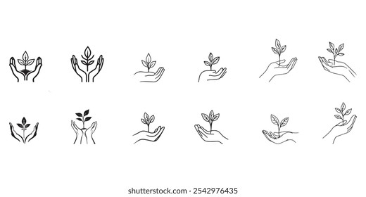 Hände halten Erde mit Baum flachen Linie Symbol gesetzt. Ökologie-Konzept-Logo. Pflanzenwuchs-Emblem . Vektorgrafik