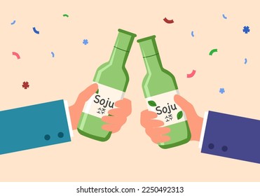 Hands holding soju bottles in flat design. Cheers Korean alcohol toast concept.