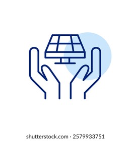 Hands holding solar panel. Alternative green energy sources. Pixel perfect, editable stroke icon