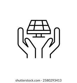 Hands holding solar panel. Alternative green energy sources. Pixel perfect vector icon