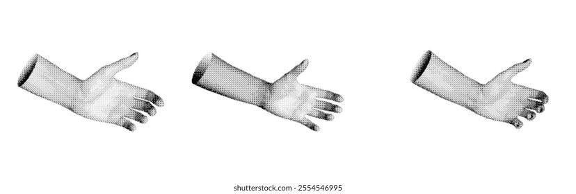 Hands holding something, empty space for product presenting, advertising, isolated on white background, set.. Halftone dotted retro style vector