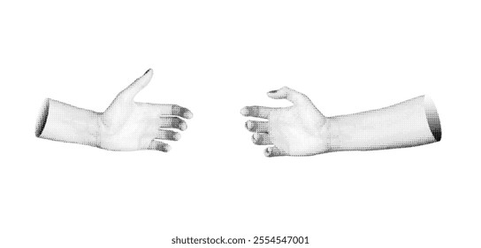 Hands holding something, space, invisible product, isolated on white background.. Halftone dotted retro style vector