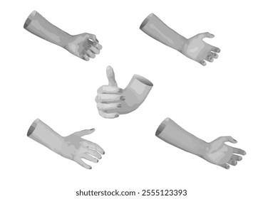 Hands holding something, space for product presenting, advertising, isolated on white background, set. Halftone dotted retro style vector