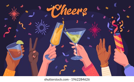 Hands holding sparklers clinking glasses with alcohol drinks cocktails. Men, women having fun at Christmas party. Friends celebrating holiday event together at club. Flat cartoon vector illustration