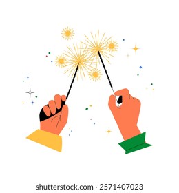 Hands Holding Sparklers In Flat Vector Illustration Symbolizing Festive Celebration, Joy, And Party Spirit, Isolated On White Background