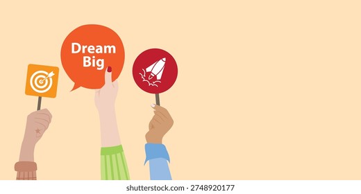 Hands holding speech bubble with Dream Big message and ambition icons. Inspirational illustration about vision, goals, motivation and future success.
