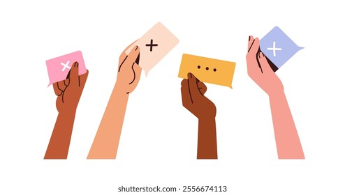 Hands holding speech bubbles with cross symbol, negative feedback, no. Sharing bad opinion, protesting. Rejecting, refusing communication. Flat vector illustration isolated on white background