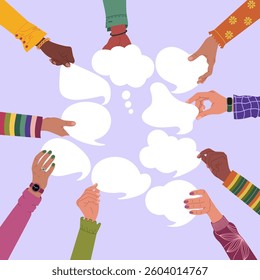 Hands holding speech bubbles, exchange of opinions, ideas or information. Teamwork, cooperation and communication. Hand drawn vector illustration isolated on purple background, flat cartoon style.