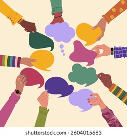 Hands holding speech bubbles, exchange of opinions, ideas or information. Teamwork, cooperation and communication. Hand drawn vector illustration isolated on light background, flat cartoon style.