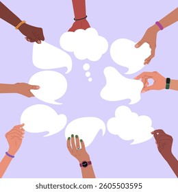 Hands holding speech bubbles, exchange of opinions, ideas or information .Cooperation and communication concept. Hand drawn vector illustration isolated on purple background, flat cartoon style.