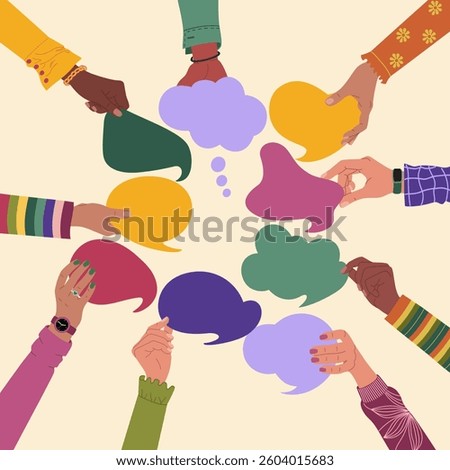 Hands holding speech bubbles, exchange of opinions, ideas or information. Teamwork, cooperation and communication. Hand drawn vector illustration isolated on light background, flat cartoon style.