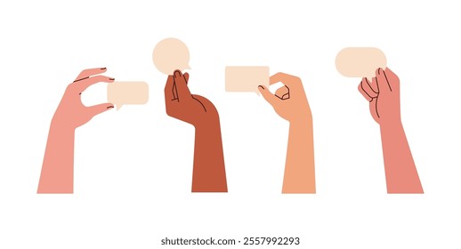 Hands holding speech bubbles in hands set. Holding blank sheets for message, chat. Exchange opinions, ideas with blank cards for communication and feedback. Flat vector illustration isolated on white 