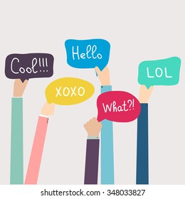 Hands Holding Speech Bubbles with Social Media Words. Vector illustration.