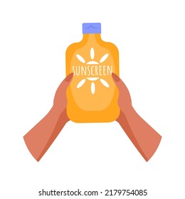 Hands holding spf gel. Concept of UV protection for skin, health care, protection sunburn, skin cancer prevention, cosmetics. Isolated vector illustration in flat style.