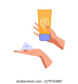 Hands holding spf gel. Concept of UV protection for skin, health care, protection sunburn, skin cancer prevention, cosmetics. Isolated vector illustration in flat style.
