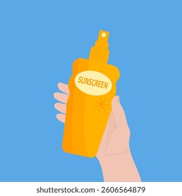 Hands holding spf gel. Concept of UV protection for skin, health care, protection sunburn, skin cancer prevention, cosmetics. Vector illustration on blue.