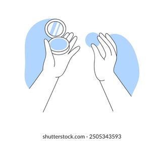 Manos que sostienen la esponja y el empaquetado compacto abierto del polvo con la Ilustración vectorial del espejo