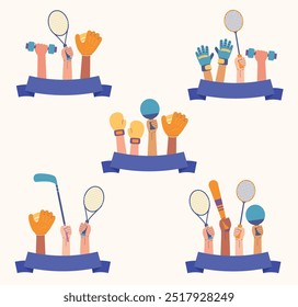 Hands holding sports equipment with ribbon set collection illustration