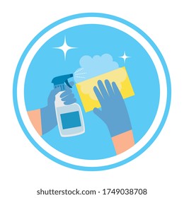 Manos sujetando el frasco de pulverización y el diseño de esponjas, Desinfecta el tema antibacteriano limpio y de higiene Ilustración vectorial