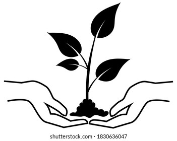 Hands holding sprout icon isolated on white background. Hands with plant silhouette vector illustration. Eco bio concept design.