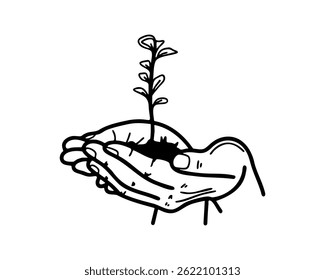 Hands Holding Sprout with Soil Vector for Growth and Nature Care Themes in Minimalist Black and White Design Style for Eco