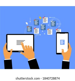 hands holding and squeezing tablets and smartphones and documents on it