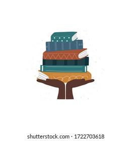 Hands holding stack of books flat vector illustration. Hardback books with colorful covers. Back to school, literacy, library, reading, education, teaching, learning concept isolated on white.