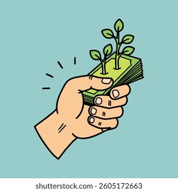 Hands holding a stack of money Illustration cartoon icon