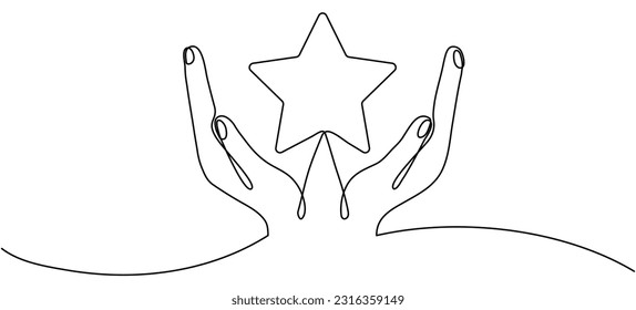 Manos sosteniendo el dibujo de una línea continua de la estrella. Palmas de brazos humanos. Ilustración vectorial aislada en blanco.