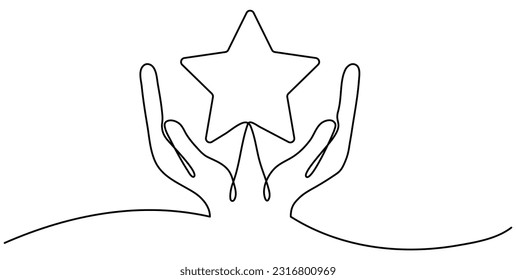 Hands holding star continuous one line drawing. Human arms palms. Vector illustration isolated on white.