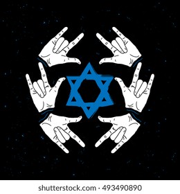 Hands holding star of David. Vector illustration