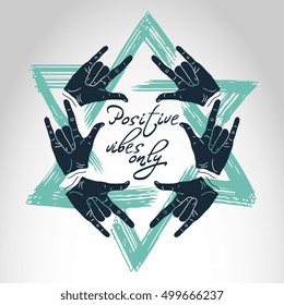 Hands holding star of David. Vector poster "Positive vibes only"