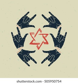 Hands holding star of David. Vector poster