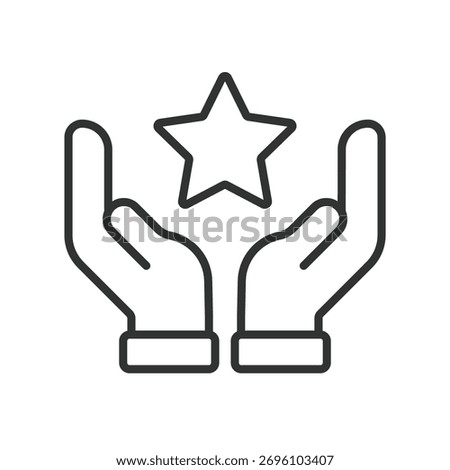 Hands holding star icon in line design. success, achievement, quality, rating, award, excellence, recognition on white background vector. Hands holding star editable stroke icon - AI generated