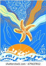 hands holding a starfish, abstract waves and sunset, summer color, blue background, original vector illustration