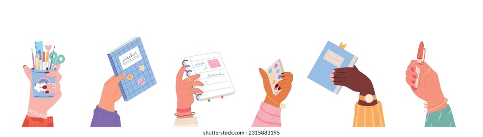 Hands holding stationery and books, notebook and pen. Stylish students hand with rings and bracelets, education, management vector set
