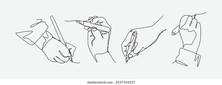 Hands holding stationery with continuous one line drawing style. Writing, drawing, taking note. Editable line. Vector illustration.