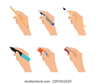 Hands holding stationery tools isolated on white background. Office supplies and school equipment. Pen, pencil, eraser, sharpener and other handwriting tools. Vector