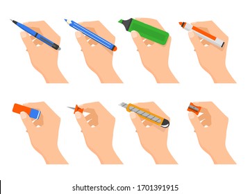 Hands holding stationery vector isolated. Office supplies and school equipment. Pen, pencil and other handwriting tools. Eraser and sharpener.