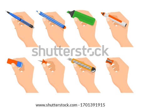 Hands holding stationery vector isolated. Office supplies and school equipment. Pen, pencil and other handwriting tools. Eraser and sharpener.