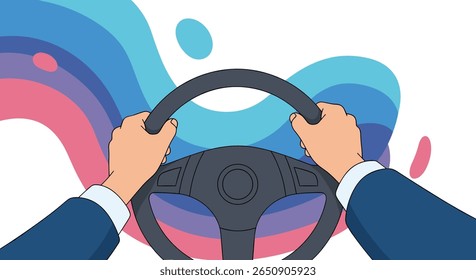 Mãos segurando volante dirigindo carro com ondas abstratas coloridas no fundo