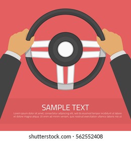 Hands Holding Steering Wheel In Modern Flat Style. Drive A Car Vector Illustration.  Auto Service, Training In Driving School, Car Detail Concept. Driver Infographic Template.