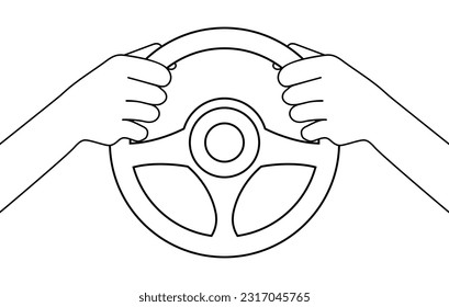 Manos sosteniendo el volante sobre fondo blanco, ilustración vectorial en estilo plano.
