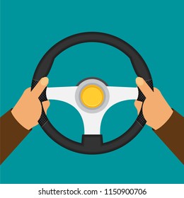 Hands holding steering wheel, vector illustration in flat style.